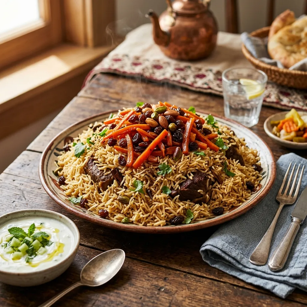Qabuli Palou with Braised Beef, Carrots, and Raisins